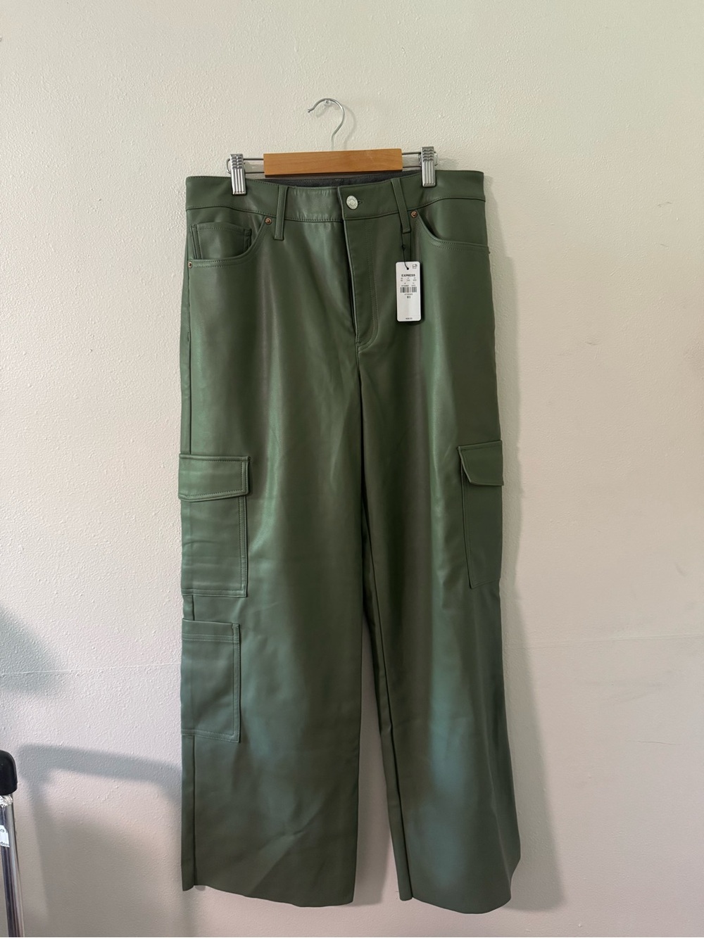 Express Olive Green Faux Leather Pants with Cargo Detail